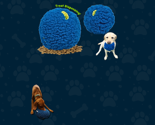 Mobile banner for HuggleFleece treat trap ball. On the top contains two blue treat trap balls. One small and one large. Below has a golden furred lab dog with a treat trap in his mouth and below s a brown furred dog biting a treat trap. 