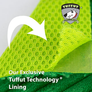 Close up of two layered, firefly green mesh lining HuggleGroup™ uses in most of their plush toys. Text reads "Our Exclusive Tuffut Technology® Lining".