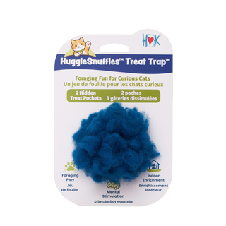 HuggleSnuffles Treat Trap packaging with blue cat toy on a white background