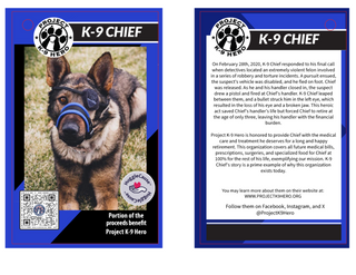 This is a closeup of K-9 Chief's hang tag that is attached to the toy.  The front is a photo of the real K-9 Chief wearing his eye patch.  There is a QR code for Project K-9 Hero.  The back side is Chief's story.  Proceeds from the sale of this toy goes to Project K-9 Hero through our HuggleCause program. 