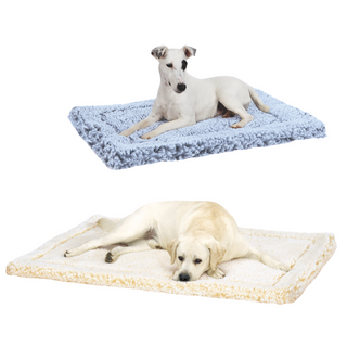 A jack russel laying on a gray HuggleFleece mat and a yellow lab laying on a natural colored mat.