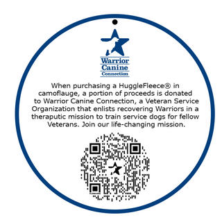 Back of product tag explaining that the proceeds of this toy go to help Warrior Canine Connection's mission with QR code for additional information.