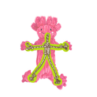 Large Axolotl plush dog toy. Has dark pink fur skin, and overlapping it is the green highlighted overlapping image of the rope skeleton it has. 