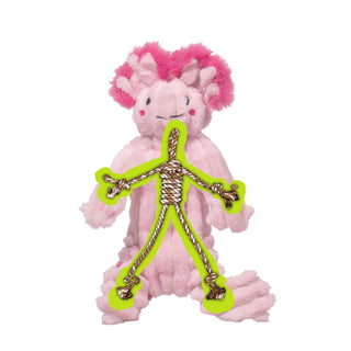 Small Axolotl plush dog toy. Has light pink fur skin, and overlapping it is the green highlighted overlapping image of the rope skeleton it has. 