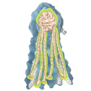 Blue furred octopus shaped plush dog toy with a knotted rope skeleton overlapping the dog toy displaying its strong interior. 