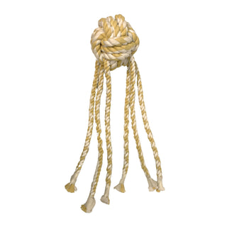 Rope knotted skeleton for octopus shaped plush dog toy. The six tentacles are made out of knotted rope and at the top is a hugle knotted rope ball in place of the head of the octopus. 