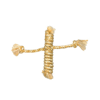 Close up view of rope skeleton body inside of duck shaped plush dog toy. The center is a rope knotted coil, with the two feathers being two different knotted ropes. 