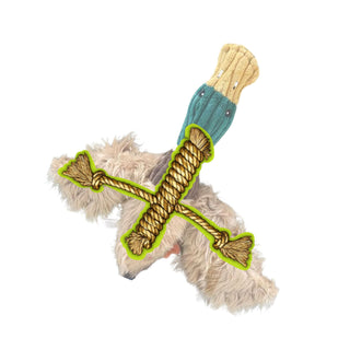 Duck shaped plush dog toy with a rope skeleton overlay displaying the durability of the toy. 