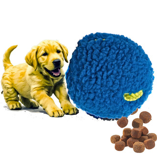 Cartoon drawn golden furred lab dog playing with blue and fluffy treat trap dog toy with dog kibel pouring out of it. 