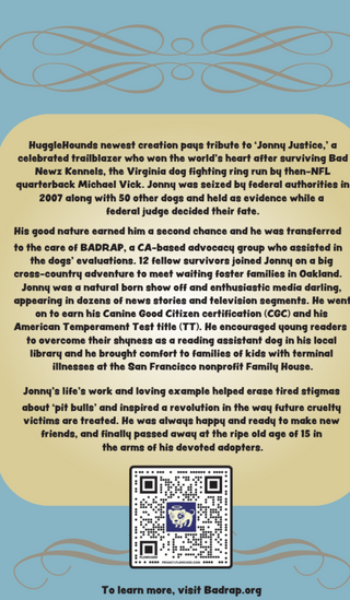 Back of Jonny Justice product tag describing Jonny's story, BadRap's mission, and a QR code leading to Badrap.org for more informaiton.