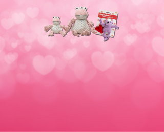 2025 Valentines day mobile banner. With a medium pink background with light pink hearts. Two pink and white furred plush frog dog toys, next to a purple squirrel plush cat toy.