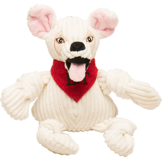 Chihuahua mix durable plush corduroy dog toy: has white fur, pink inner-ear, beige outer-ear, black eyes, white pupils, plush-out black nose, black mouth, pink tongue, wearing a red bandana with the initials "L.T", white fur, white furred knotted limbs, and is squeaky. 