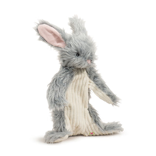 Side view of bunny plush dog toy with light gray faux-fur, white corduroy stomach, soft pink inner ears and nose, and black embroidered eyes.