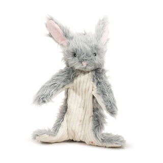 Bunny plush dog toy with gray faux-fur, white corduroy stomach, soft pink inner ears and nose, and black embroidered eyes.