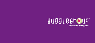 Purple background with HuggleGroup™ logo and tagline "Embracing every paw" positioned right center.