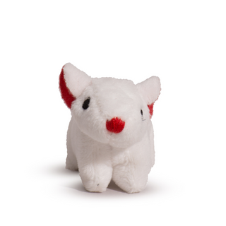 Mouse shaped, catnip stuffed cat toy: has white fur, black eyes, red nose, and red inner-ear.