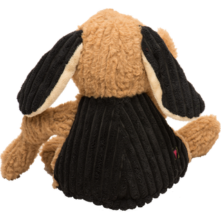 Back view of Blood Hound durable plush fuzzy corduroy dog toy with squeakers, tan fur, knotted limbs, black corduroy ears and back, and cream colored inner ears.