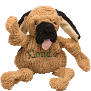Blood Hound durable plush fuzzy corduroy dog toy with squeakers, tan fur, knotted limbs, black corduroy eats and snout, long cream colored inner ears, and pink tongue sticking out with name "Klondike" embroidered in green across chest.
