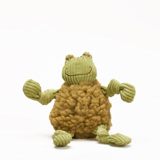 Frog shaped plush dog toy: olive green fluffy HuggleFleece® body, green limbs, and durable knotted corduroy limbs with squeakers in small.