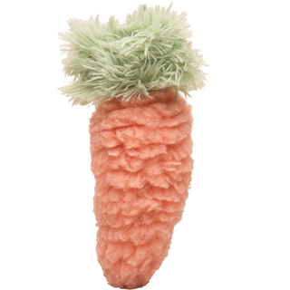 Orange HuggleFleece® carrot plush dog toy with light-green fluffy faux-fur leaves.