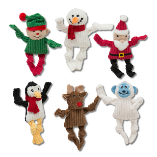 Set of six Santa's Workshop Wee Huggle corduroy dog toys with knotted limbs designed for pint-sized pups: elf, snowman, Santa, penguin, reindeer, and yeti.