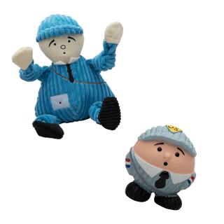 Set of two mail carrier dog toys in large sizes: one durable corduroy plush with knotted limbs and squeakers, wearing blue outfit and hat with skin-toned face and hands, black shoes and tie, and embroidered envelope on the front. The other is the same character in squeaky latex ball form.