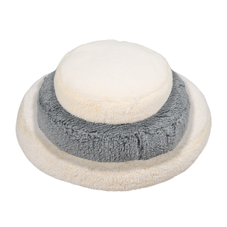Set of three soft and fluffy dog beds, in colors natural, and charcoal. 