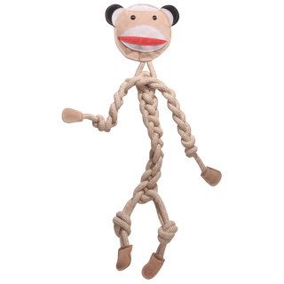 Tan sock monkey all natural rope dog toy with a tan leather face, brown leather ears, tan leather hands and feet, with a rope body, arms, and legs.