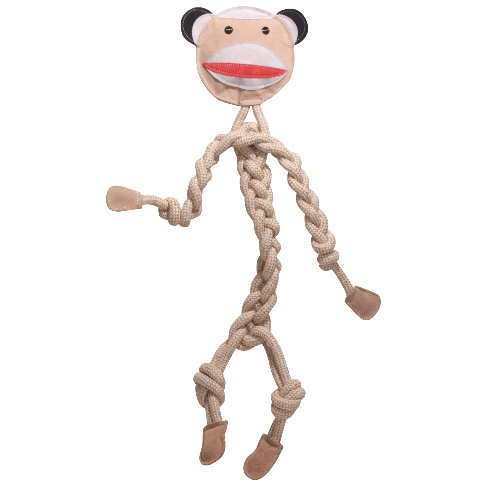 Large Stuey the Sock Money Rope Dog toy. Stuey has a light pink face, with black and white ears, and red lips. Stuey has light pink leather hands and feet, with rope knotted legs, arms, and body. Stuey is made out of natrual cotton, hemp, leather, coconut fiber materials, and has natrual dyes. 
