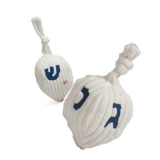 Set of two Dreidel shaped plush dog toy: has white knotted top, with the Hebrew scripts on each of the four sides embroidered in blue. 