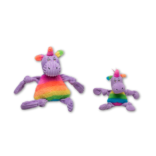 Set of two unicorn shaped durable plush corduroy dog toys with squeakers in large and small: rainbow faux-fur horn and ears, purple head, purple knotted limbs, and rainbow faux-fur stomach.