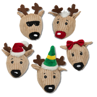 Set of five Santa's Reindeer Wee Huggle corduroy balls: reindeer head with black sunglasses, Rudolph reindeer head with red nose, reindeer head with Santa hat, reindeer head with elf hat, reindeer head with red bow.