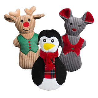 Holiday three pack of plush corduroy Christmas Cookies dog toys: tan reindeer with red nose and green vest, gray mouse with red inner ears and red vest, black and white penguin with yellow beak, red plaid shirt, and red scarf.
