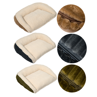 Three Scout Perfect Bolster beds with corduroy fabric on the exterior and natural fluffy fabric for the sleeping area. Next to each bed are close up images of each bed color: khaki, steel blue, and olive green.