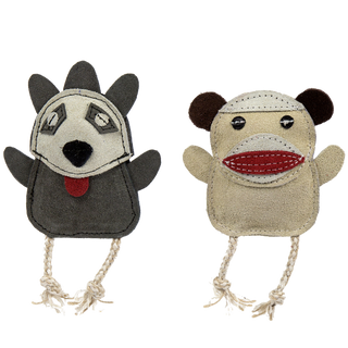 Set of two all-natural leather dog chew toys with rope legs designed for pint-sized pups: gray raccoon with light gray face and red tongue sticking out, white eyes, and black nose; tan sock monkey with brown ears, white head and around mouth, red mouth, and black eyes.