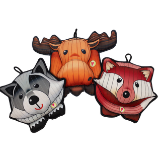 Set of 3, raccoon, moose, and fox, plush dog toys:  raccoon has white , gray, and black fur, with gray and black outer-eye, black eyes, black nose, red lips. Moose has orange fur, black eyes, brown nose,  brown antlers and feet. Fox has red and white fur, black eyes, white outer-eye, and black nose.  