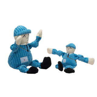 Set of two mail carrier plush corduroy dog toys: has blue hat, black eyebrows, eyes, nose, and mouth, with blue uniform, blue knotted arms and legs, black sneakers, and is squeaky. 