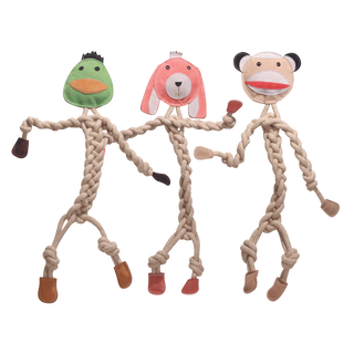 Set of three (duck, bunny, sock monkey) leather rope dog toys with knotted rope body, arms and legs: Duck has green head, black hair and eyes, orange beak, dark brown hands, brown feet. Bunny has pink head, black eyes, white outer-mouth, black nose and mouth, pink hands and feet. Sock Monkey has light-tan face, black and white ears, white top of head, black eyes, red mouth, tan hands and feet.