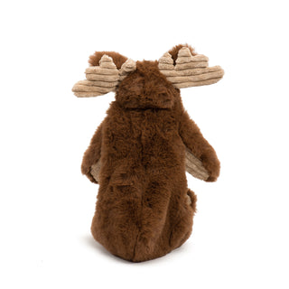 Back view of Moose plush dog toy with brown faux-fur and tan corduroy antlers.