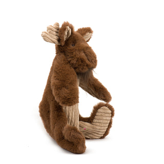 Side view of moose plush dog toy with brown faux-fur, tan corduroy stomach, inner ears, and antlers, brown hair tuft on chin, and brown and black embroidered eyes.