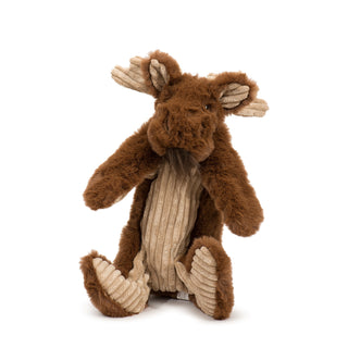 Moose plush dog toy with brown faux-fur, tan corduroy stomach, inner ears, and antlers, brown hair tuft on chin, and brown and black embroidered eyes.