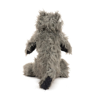 Back view of raccoon plush dog toy with dark gray faux-fur, black corduroy stomach, and striped tail with black corduroy and dark gray faux-fur.