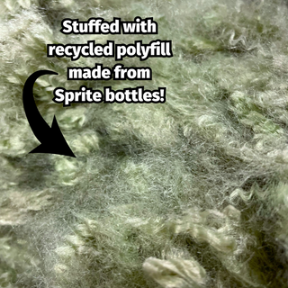 Close up of recycled polyfill HuggleGroup™ uses to stuff their dog beds with text "Stuffed with recycled polyfill made from Sprite bottles!"