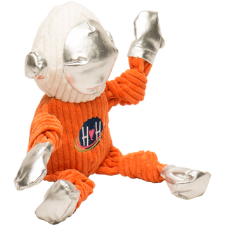 Plush toy with orange outfit and silver helmet on a white background