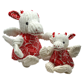 Set of two Lucky dragon plush dog toy with white knotted corduroy limbs, white corduroy head and wings, red and white floral fabric on body, inner ears, and horns, black embroidered eyes, and red embroidered nostrils and mouth in large and small.