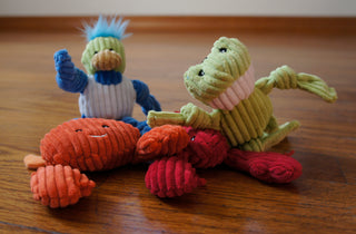 All four different cat toys sitting together: duck, crab, frog, and lobster.