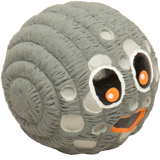 Gray textured ball with black and orange eyes on a white background