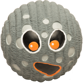 Gray textured ball with black and orange eyes and mouth on a white background