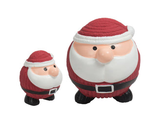 Set of two squeaky ball shaped santa dog toys: Has on his signature red and white hat, black eyes, large white beard, santa suit, and black boots. 