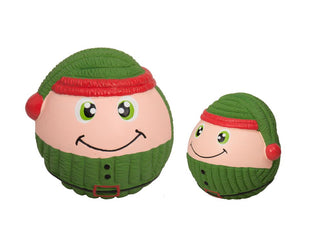 Set of two Eli Elf Ruff-Tex squeaky latex ball with corduroy texture in small and large: green shirt with black buttons, green hat with red details, red and black belt, pale skin-tone face, and lime green eyes and black smile.